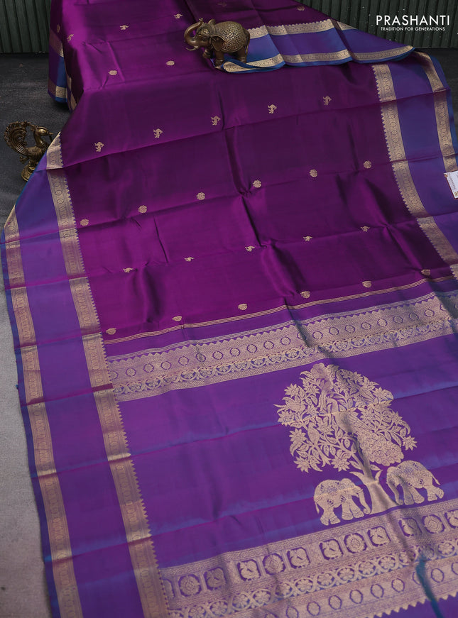 Pure kanchipuram silk saree purple and dual shade of blue with zari woven buttas and long rettapet zari woven border