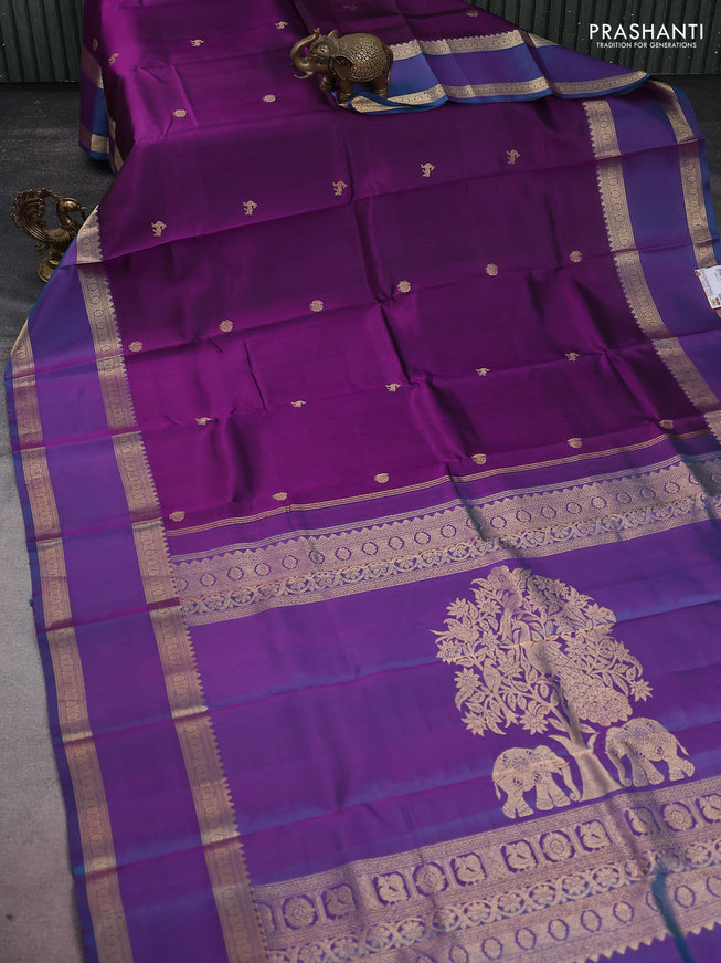 Pure kanchipuram silk saree purple and dual shade of blue with zari woven buttas and long rettapet zari woven border