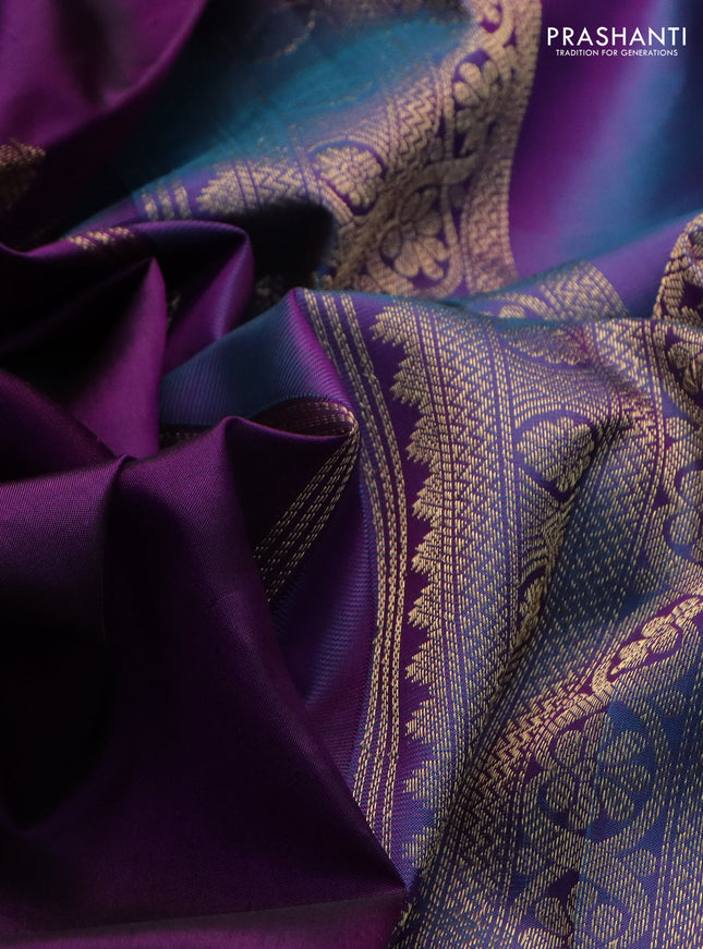 Pure kanchipuram silk saree purple and dual shade of blue with zari woven buttas and long rettapet zari woven border