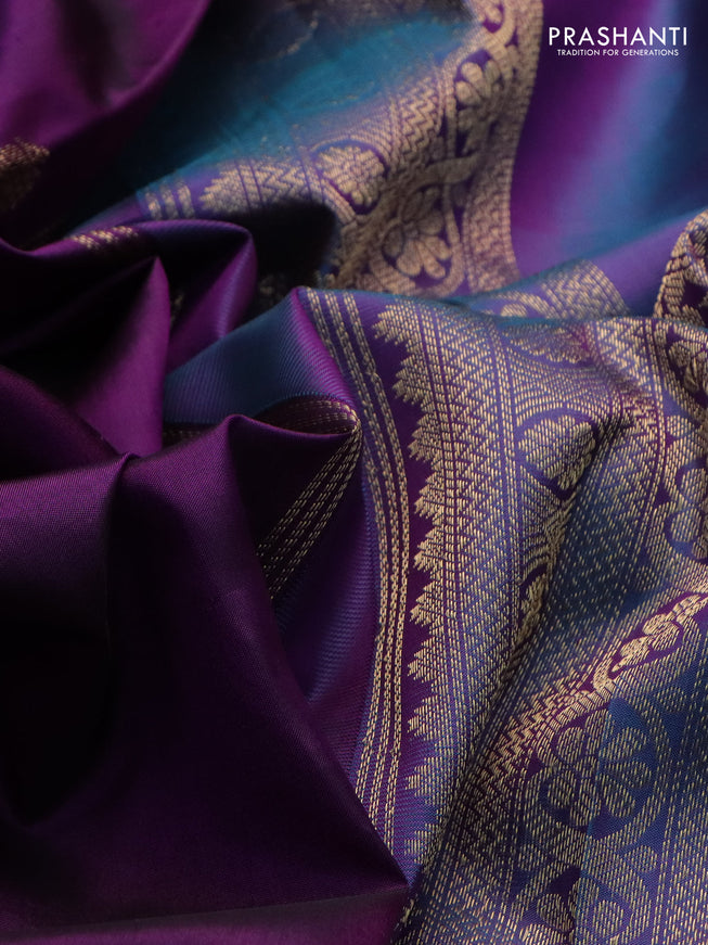 Pure kanchipuram silk saree purple and dual shade of blue with zari woven buttas and long rettapet zari woven border