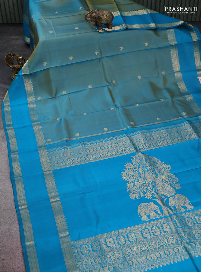 Pure kanchipuram silk saree dual shade of teal bluish green and teal blue with zari woven buttas and long rettapet zari woven border