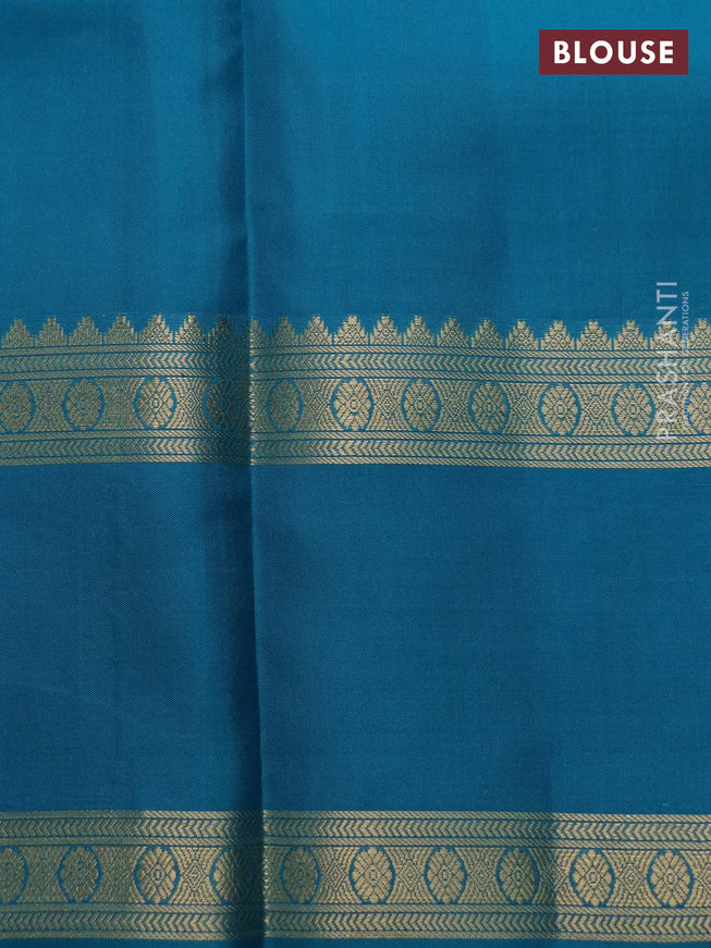 Pure kanchipuram silk saree dual shade of teal bluish green and teal blue with zari woven buttas and long rettapet zari woven border