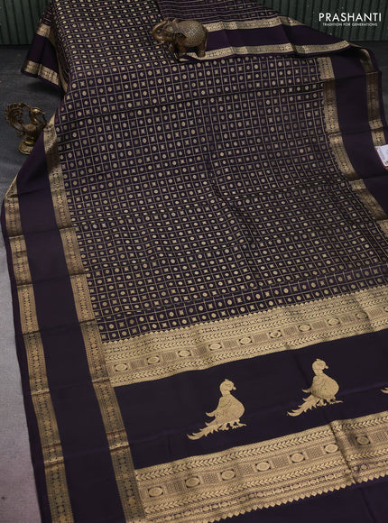 Pure kanchipuram silk saree deep jamun with allover zari checks & buttas and long rettapet zari woven border
