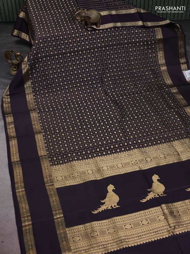 Pure kanchipuram silk saree deep jamun with allover zari checks & buttas and long rettapet zari woven border