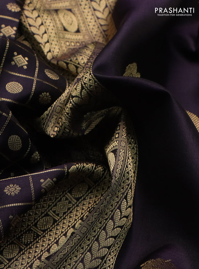 Pure kanchipuram silk saree deep jamun with allover zari checks & buttas and long rettapet zari woven border