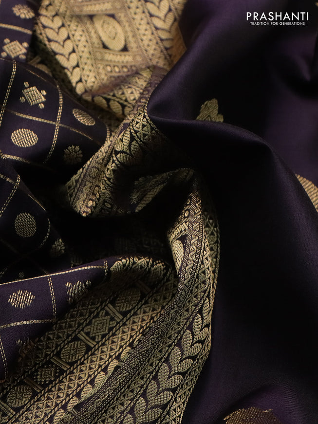 Pure kanchipuram silk saree deep jamun with allover zari checks & buttas and long rettapet zari woven border