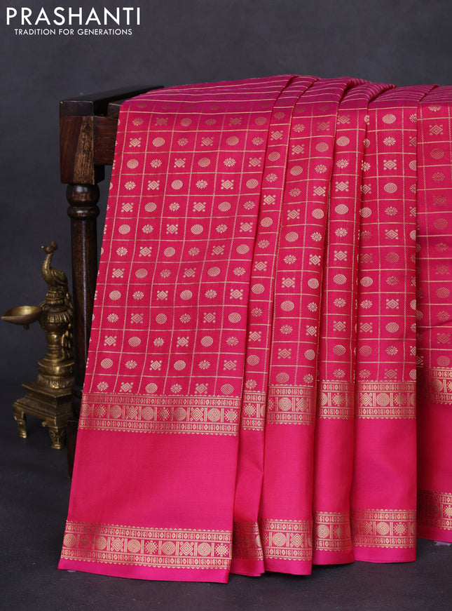 Pure kanchipuram silk saree pink with allover zari checks & buttas and long rettapet zari woven border