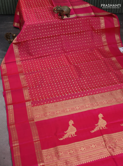 Pure kanchipuram silk saree pink with allover zari checks & buttas and long rettapet zari woven border