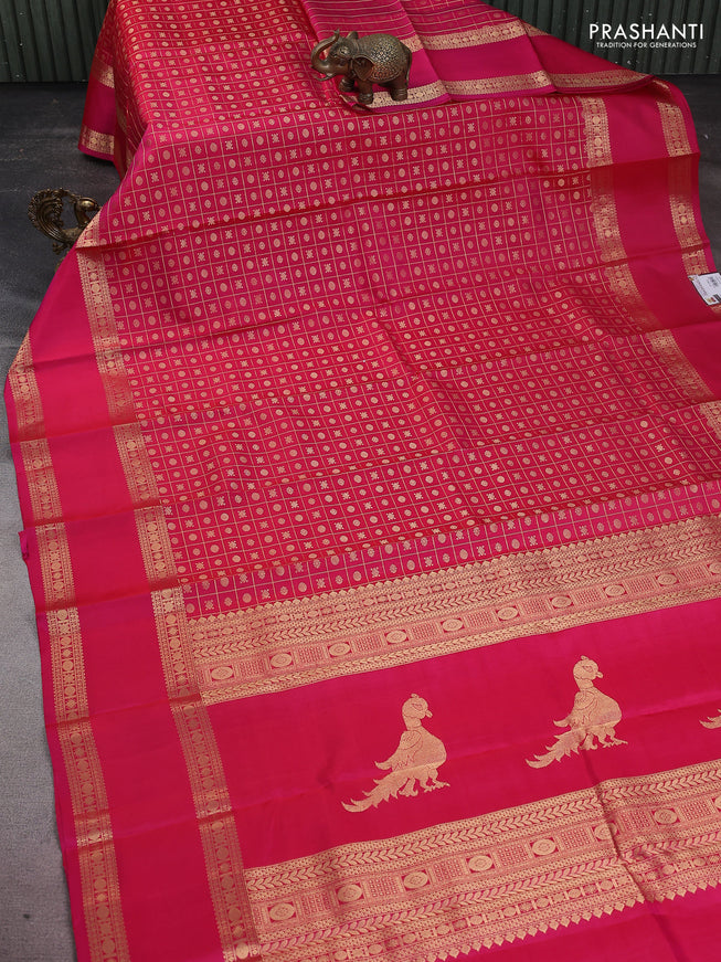 Pure kanchipuram silk saree pink with allover zari checks & buttas and long rettapet zari woven border