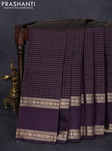 Pure kanchipuram silk saree wine shade with allover zari woven checked pattern and rettapet zari woven border