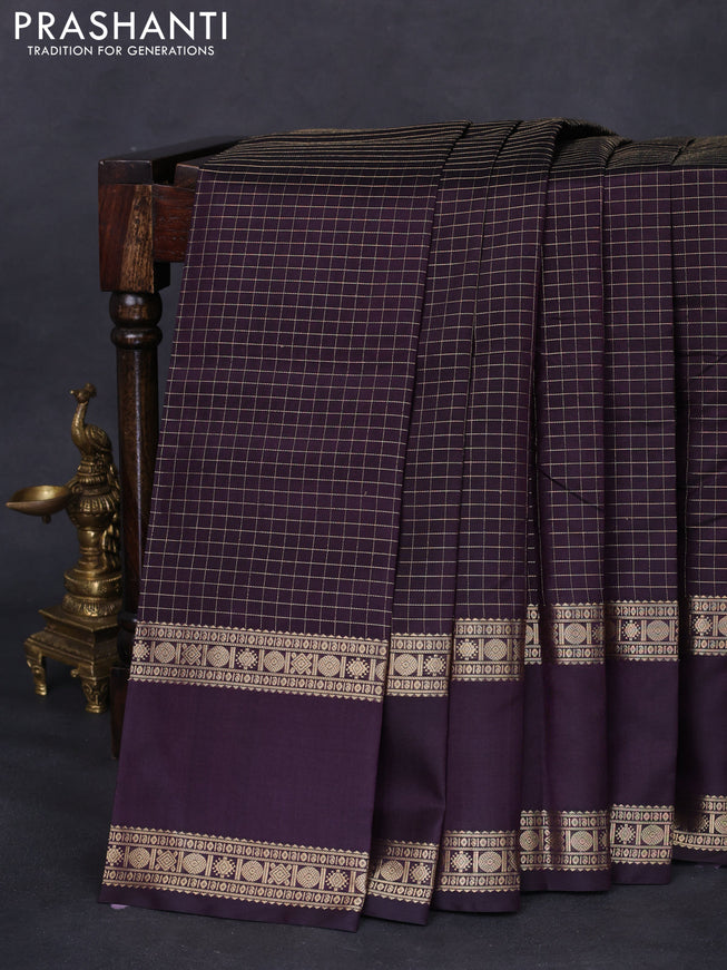 Pure kanchipuram silk saree wine shade with allover zari woven checked pattern and rettapet zari woven border