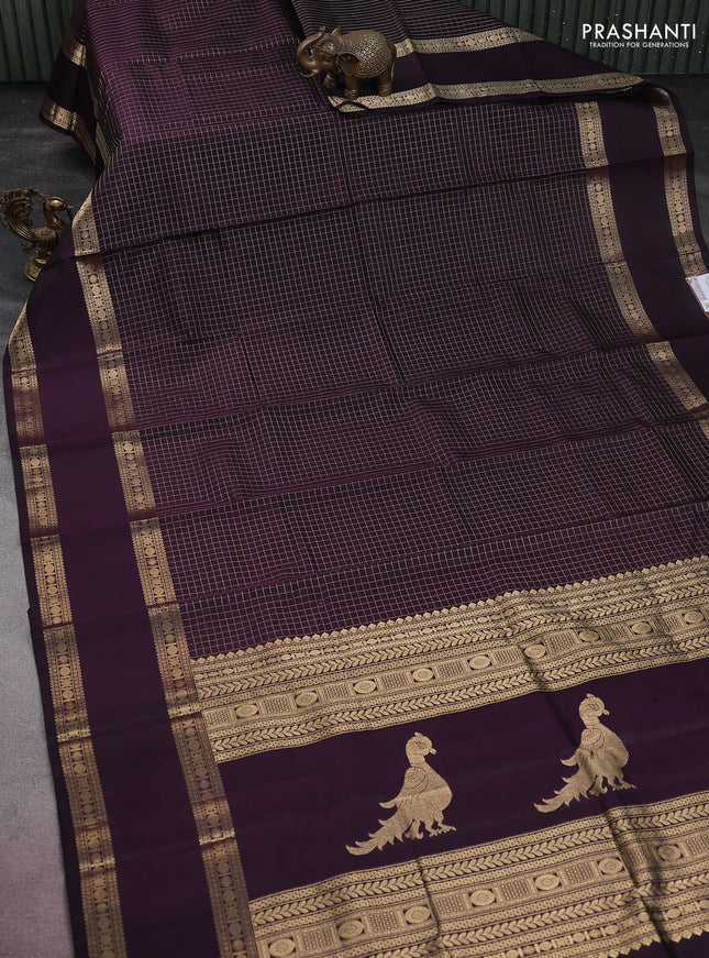 Pure kanchipuram silk saree wine shade with allover zari woven checked pattern and rettapet zari woven border