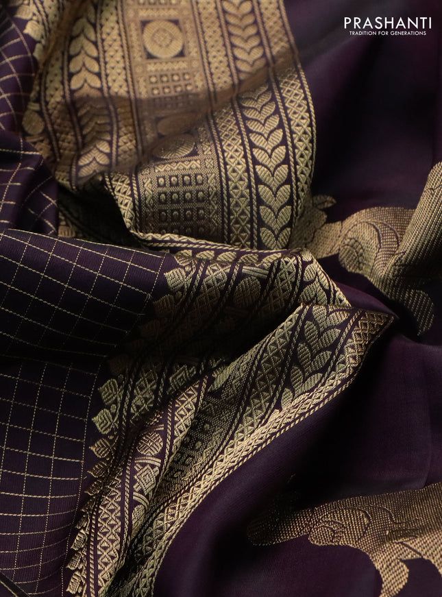 Pure kanchipuram silk saree wine shade with allover zari woven checked pattern and rettapet zari woven border
