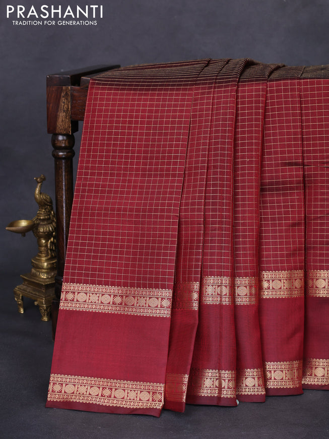 Pure kanchipuram silk saree maroon with allover zari woven checked pattern and rettapet zari woven border