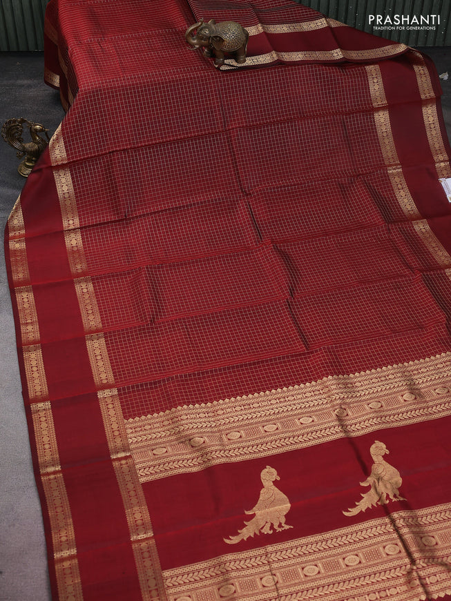Pure kanchipuram silk saree maroon with allover zari woven checked pattern and rettapet zari woven border