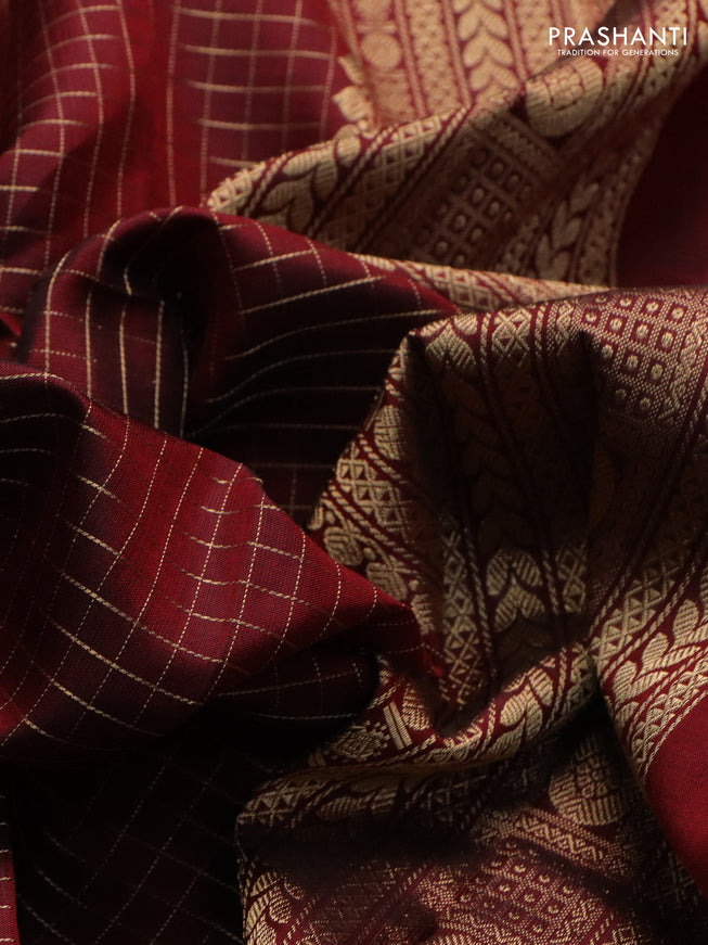 Pure kanchipuram silk saree maroon with allover zari woven checked pattern and rettapet zari woven border