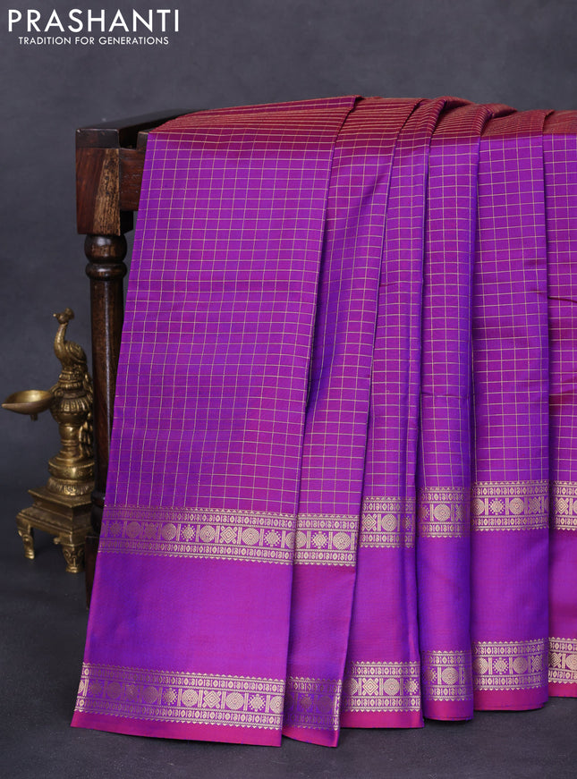 Pure kanchipuram silk saree purple with allover zari woven checked pattern and rettapet zari woven border