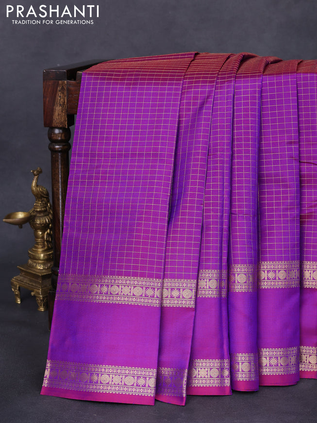Pure kanchipuram silk saree purple with allover zari woven checked pattern and rettapet zari woven border