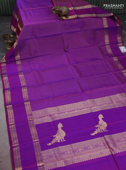 Pure kanchipuram silk saree purple with allover zari woven checked pattern and rettapet zari woven border