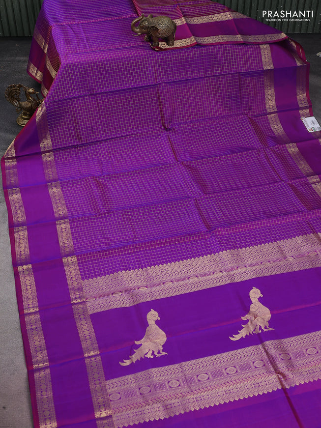 Pure kanchipuram silk saree purple with allover zari woven checked pattern and rettapet zari woven border