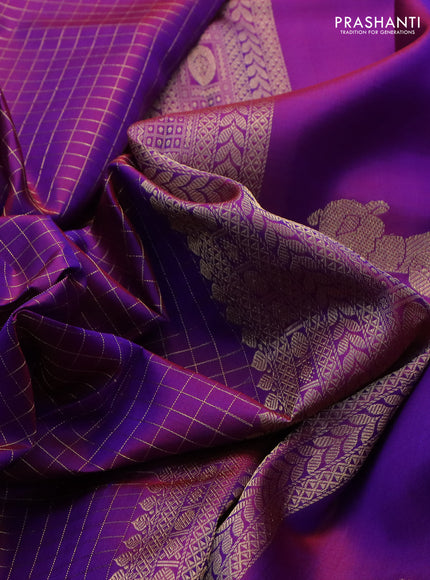 Pure kanchipuram silk saree purple with allover zari woven checked pattern and rettapet zari woven border