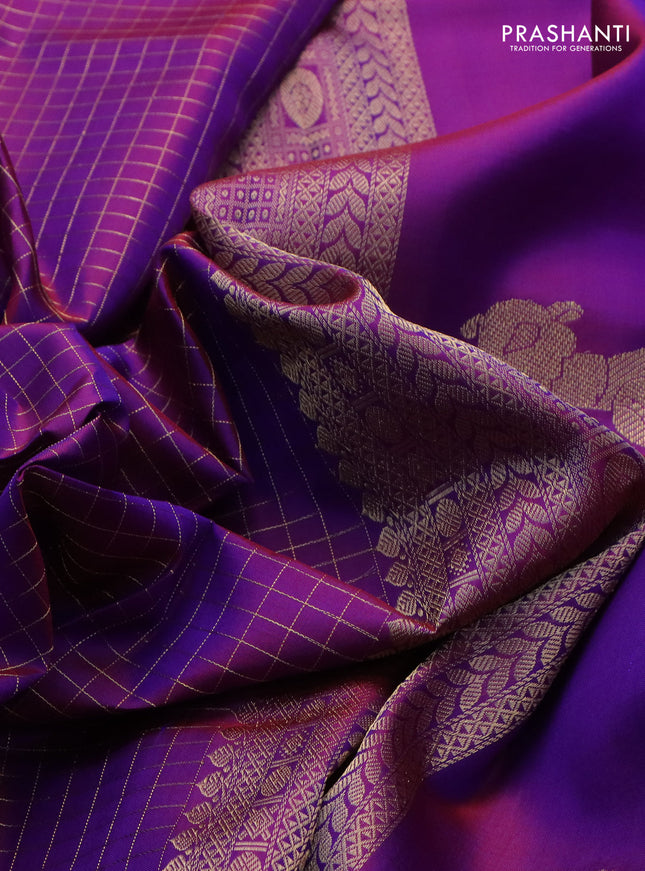 Pure kanchipuram silk saree purple with allover zari woven checked pattern and rettapet zari woven border