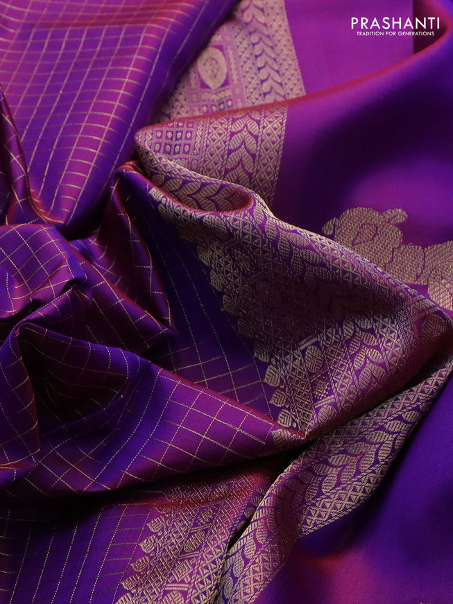 Pure kanchipuram silk saree purple with allover zari woven checked pattern and rettapet zari woven border