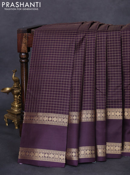 Pure kanchipuram silk saree wine shade with allover zari woven checked pattern and rettapet zari woven border