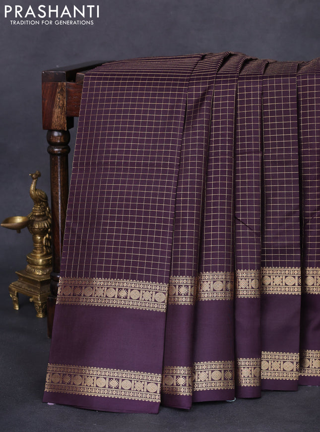 Pure kanchipuram silk saree wine shade with allover zari woven checked pattern and rettapet zari woven border
