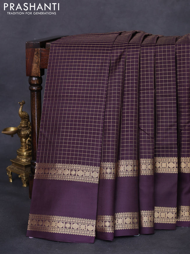 Pure kanchipuram silk saree wine shade with allover zari woven checked pattern and rettapet zari woven border