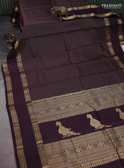 Pure kanchipuram silk saree wine shade with allover zari woven checked pattern and rettapet zari woven border