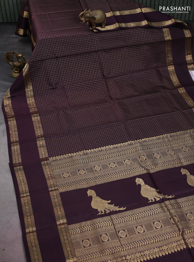 Pure kanchipuram silk saree wine shade with allover zari woven checked pattern and rettapet zari woven border