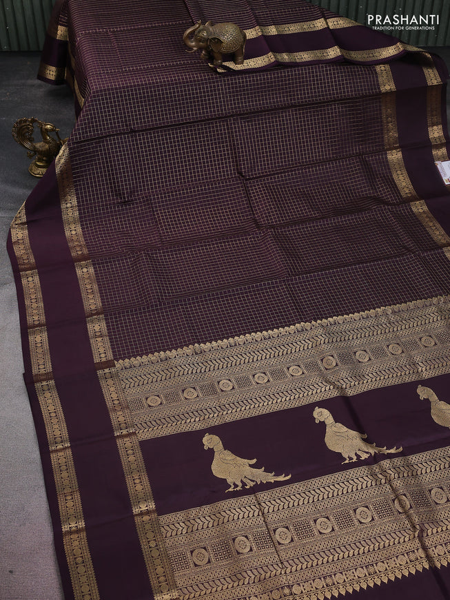 Pure kanchipuram silk saree wine shade with allover zari woven checked pattern and rettapet zari woven border