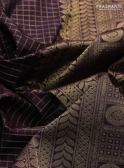 Pure kanchipuram silk saree wine shade with allover zari woven checked pattern and rettapet zari woven border