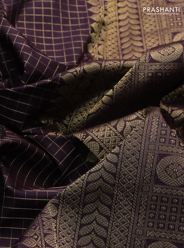 Pure kanchipuram silk saree wine shade with allover zari woven checked pattern and rettapet zari woven border