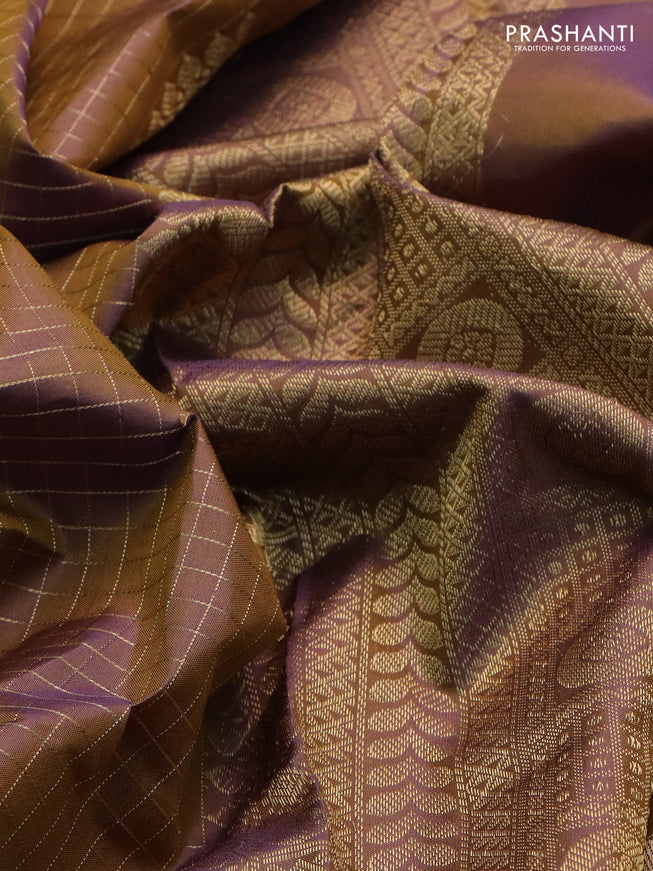 Pure kanchipuram silk saree dual shade of mehendi green and violet with allover zari woven checked pattern and rettapet zari woven border