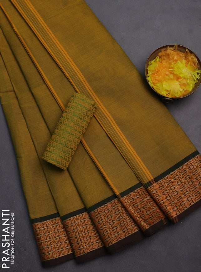 10 Yards chettinad cotton saree mustard yellow and dual shade of green with plain body and thread woven border
