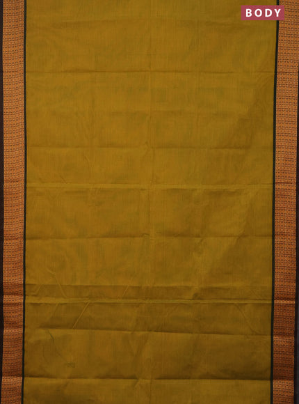 10 Yards chettinad cotton saree mustard yellow and dual shade of green with plain body and thread woven border