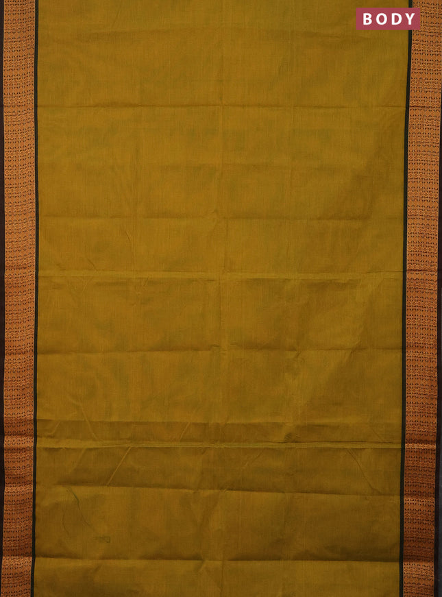 10 Yards chettinad cotton saree mustard yellow and dual shade of green with plain body and thread woven border