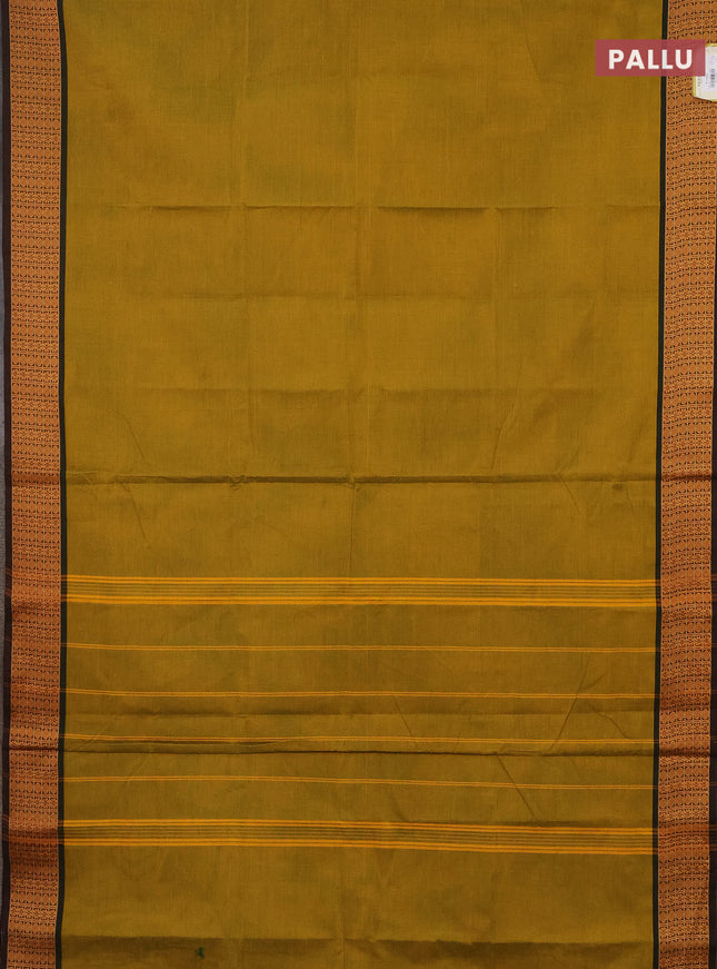 10 Yards chettinad cotton saree mustard yellow and dual shade of green with plain body and thread woven border
