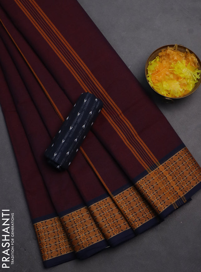 10 Yards chettinad cotton saree deep maroon and peacock blue with plain body and thread woven border