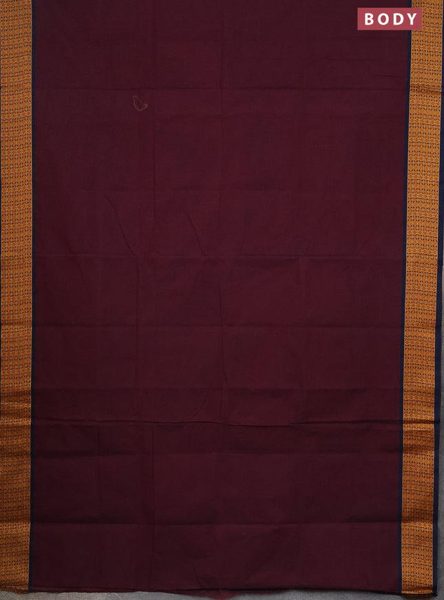 10 Yards chettinad cotton saree deep maroon and peacock blue with plain body and thread woven border