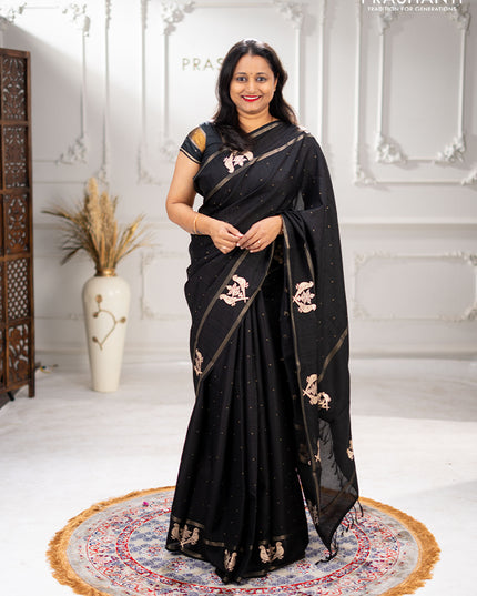 Semi tussar saree black with zari woven buttas and zari woven embroidery butta border