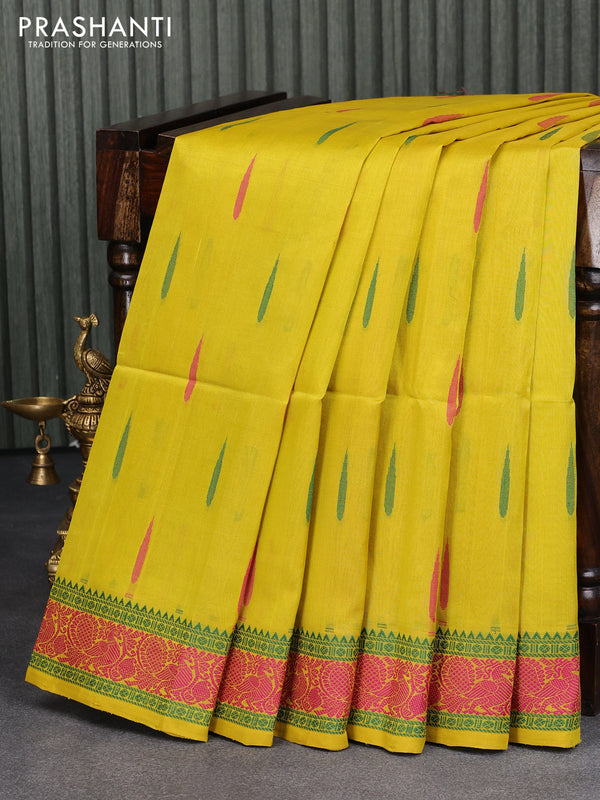 Light weight silk cotton saree lime yellow and pink with allover thread woven buttas and thread woven border