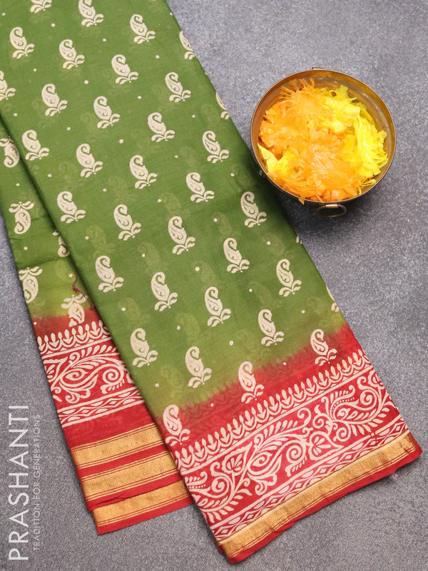 Mul cotton saree green and red with butta prints and small zari woven border