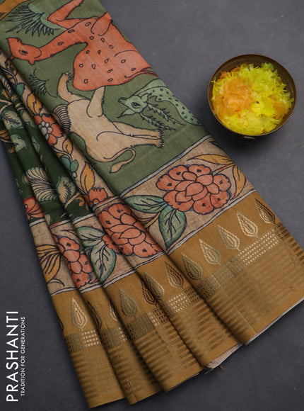 Semi tussar saree green and dark mustard with allover kalamkari prints and zari woven border