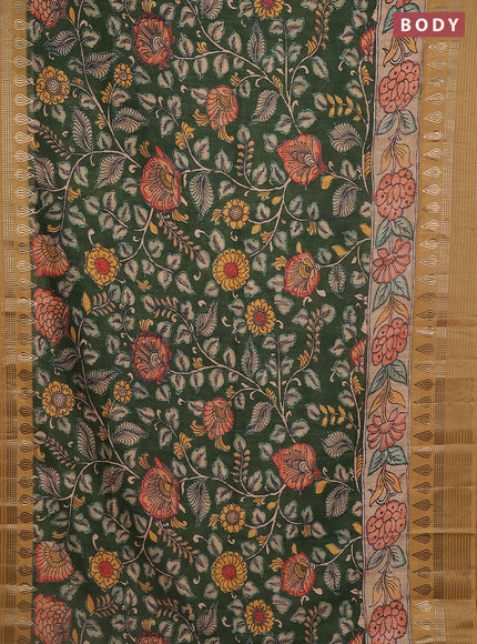 Semi tussar saree green and dark mustard with allover kalamkari prints and zari woven border