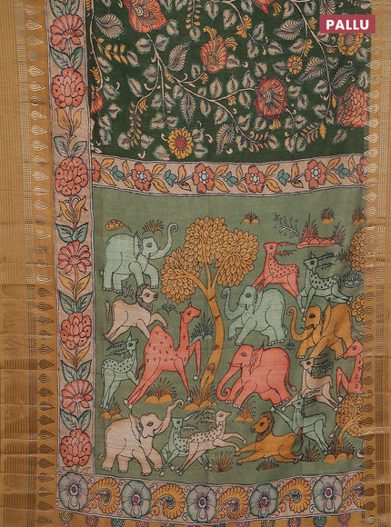 Semi tussar saree green and dark mustard with allover kalamkari prints and zari woven border