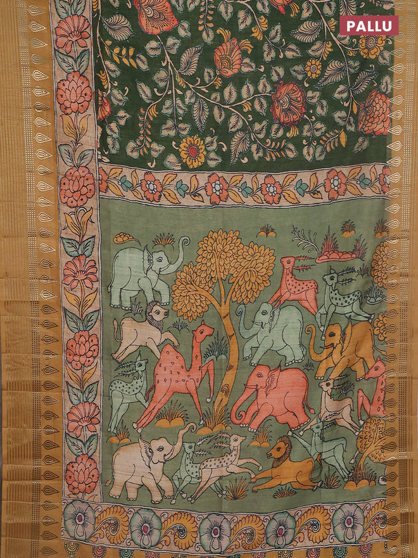 Semi tussar saree green and dark mustard with allover kalamkari prints and zari woven border