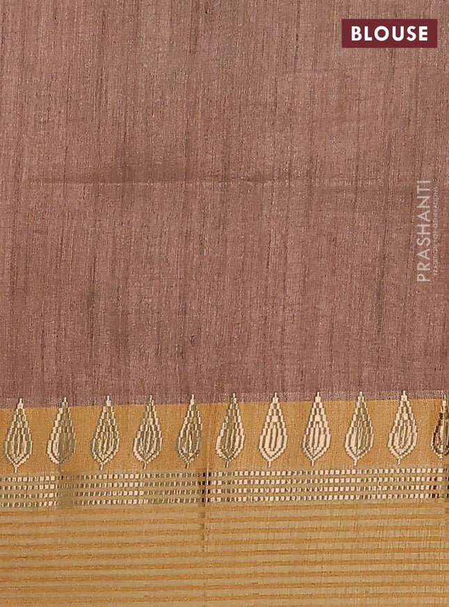 Semi tussar saree green and dark mustard with allover kalamkari prints and zari woven border